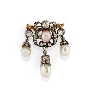 A silver, 18K yellow gold, natural pearl and diamond brooch, 19th Century