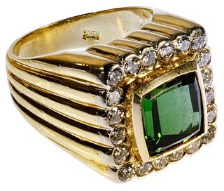 18k Yellow Gold, Green Gemstone and Diamond ring