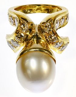 18k Yellow Gold, Pearl and Diamond Ring