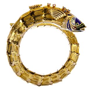 14k Yellow Gold, Enamel, Sapphire and Ruby Fish Form Bracelet