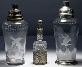 Hawkes Etched Glass and Sterling Silver Cocktail Shakers