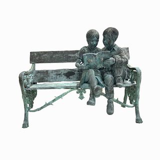 Bronze Garden Sculpture of Two Children Reading