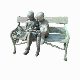 Bronze Sculpture of Boy & Girl Reading on a Bench