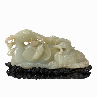 Chinese Hand Carved Jade Phoenix on Wooden Stand