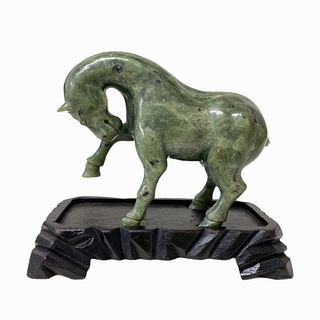 Chinese Hand Carved Jade Horse on Wooden Stand