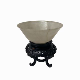 Chinese Hand Carved Jade Bowl on Wooden Stand