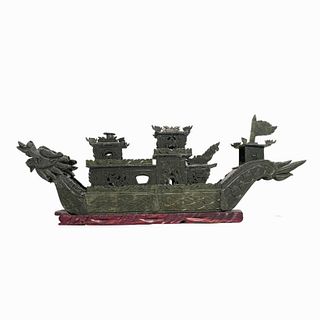 Hand Carved Chinese Jade Twin Dragon Boat