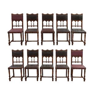 Lote de 10 sillas. Francia. Siglo XX. Estilo Enrique II. Estructura de madera de nogal. Con respaldos semiabiertos.