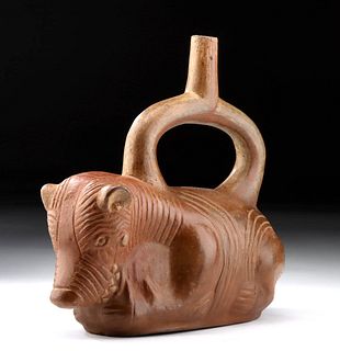 Moche BiChrome Pottery Stirrup Vessel, Hairless Dog