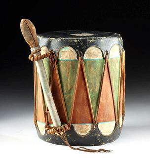 1930s Cochiti Painted Wood / Rawhide Drum + Beater