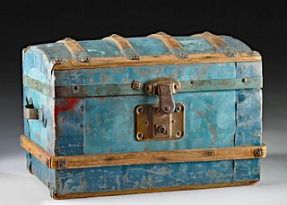 19th C. New Mexican Painted Wood Trunk w/ Tin Trim