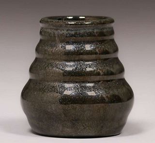 Fulper Pottery Ribbed Mirror Black Vase c1920s