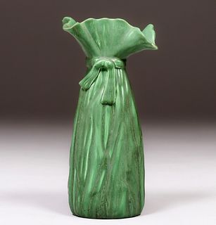 Hampshire Pottery Matte Green Bowtie Flared Vase c1910