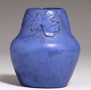 Arequipa Pottery Hand-Carved Oak Leaves Matte Blue Vase
