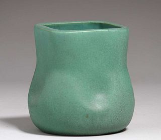 Unusual Teco Pottery Matte Green Square Top Vase