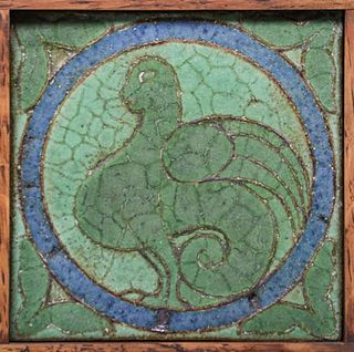 Grueby Matte Blue & Green Bird Tile c1910