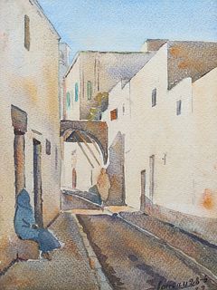 French Watercolor Street Scene 1905