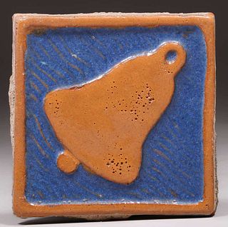Arts & Crafts Matte Brown & Blue Bell Tile c1910s