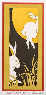 Yoshiko Yamamoto Woodblock Print "Dancing Rabbit" c2010