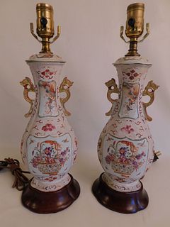 PAIR CHINESE FAMILLE ROSE VASES LAMPS