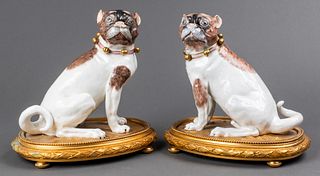 Dresden Porcelain Pug Dog Sculptures, Pair