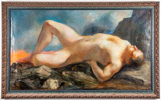Illegibly Signed Reclining Male Nude Oil on Canvas