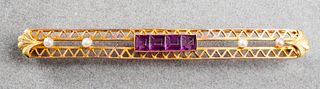 Antique 10K Gold Amethyst & Seed Pearl Bar Pin