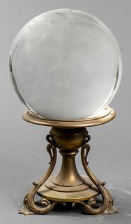Large Clear Crystal Ball On Brass Stand