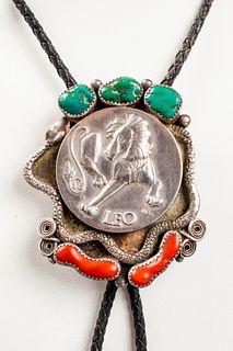 Navajo Silver Turquoise & Coral Bolo Tie Necklace