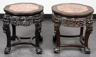 Chinese Carved Hardwood And Marble Side Tables, 2