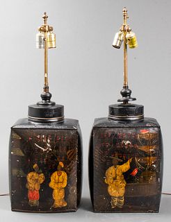 Chinoiserie Black Tole Canister Form Lamps, Pair