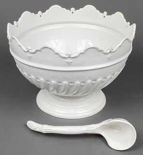 Italian White Glazed Ceramic Punch Bowl & Ladle