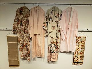 Lot of Four Japanese Silk Kimonos and Obi
