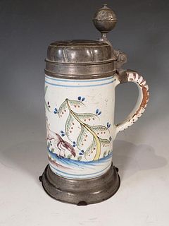Continental Faience Pewter Mounted Tankard, Early