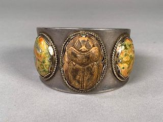 Egyptian Silver and Scarab Cuff Bracelet