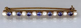 14K Yellow Gold, Sapphire and Pearl Bar Pin