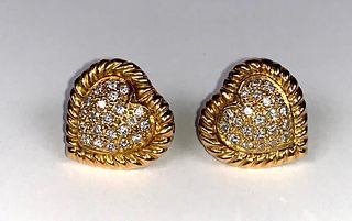 Pair 18k Yellow Gold and Diamond Heart Earrings