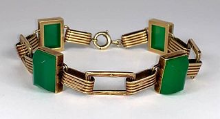 14K Yellow Gold and Green Chrysophase Link Bracelet