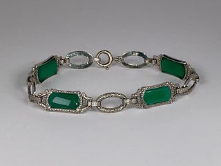 14K White Gold and Green Onyx Art Deco Link Bracelet