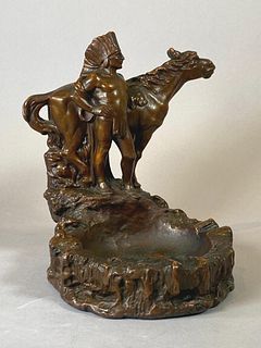 Bronze Over Plaster Native American and Horse Cigar Ash