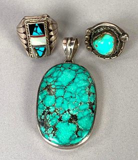 Native American Silver and Turquoise Pendant and Two