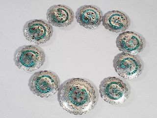 Tom or Julius Ahasteen Silver and Turquoise Concho Belt