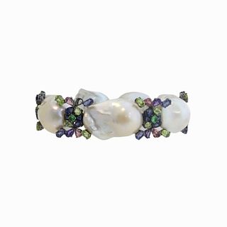 18K Semi Precious Pearl And Colored Stone Bracelet