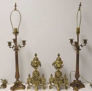 Antique Brass Fire Chenets together With A Pair