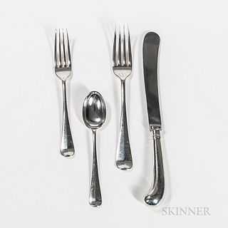 Elizabeth II Sterling Silver Flatware Service, London, 1965-66, James Robinson, maker, twelve each: dinner forks, hollow knives, desser