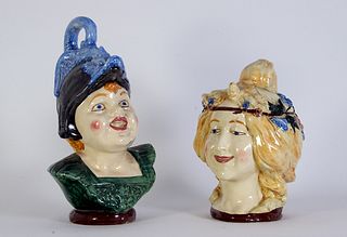 Dos botijos en cerámica esmaltada Maestre Biar en forma de cabezas de mujer y niña. Alicante, siglo XX.
