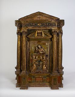 Sagrario a modo de templete en madera tallada, policromada y dorada, siglo XVI.