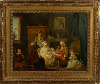 Escuela francesa de finales del siglo XVIII. Seguidor de Jean-Baptiste Greuze. "Escena familiar".
