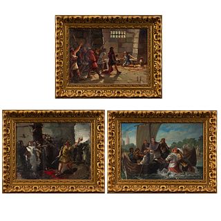 Cayetano Vallcorba y Mexía (Granada, act. entre 1884 y 1917) "Escenas históricas". Tres óleos sobre lienzo.