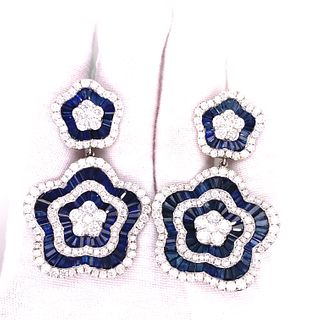 18K Sapphire Diamond Flower Drop Earrings